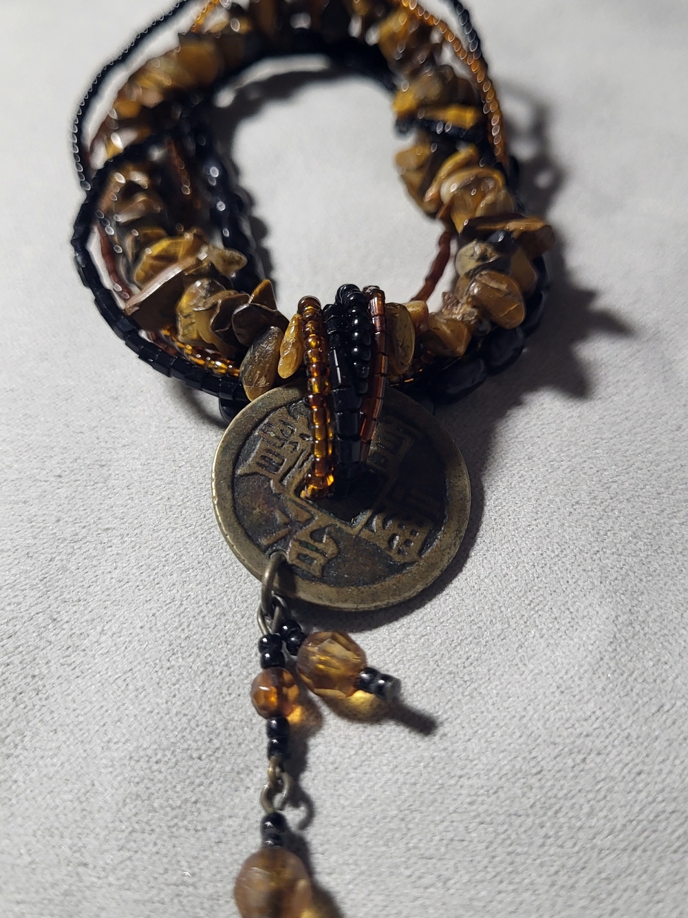 Source Unknown Tiger Eye Beaded Bracelet with Coin Charm - Brown and Black